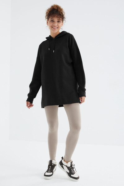 Tommylife Toptan Siyah Reglan Kol Basic Kapüşonlu Oversize Tunik - 97242 - Thumbnail