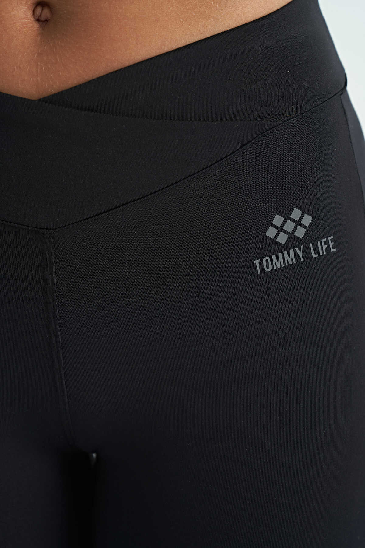 Tommylife Toptan Siyah Renk Bloklu Fileli Yüksek Bel Slim Fit Dalgıç Kumaş Kadın Tayt - 94632