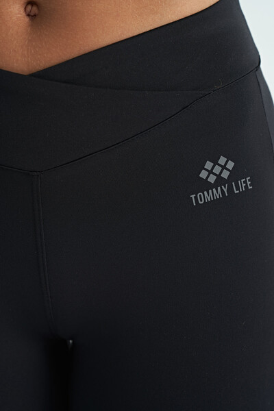 Tommylife Toptan Siyah Renk Bloklu Fileli Yüksek Bel Slim Fit Dalgıç Kumaş Kadın Tayt - 94632 - Thumbnail