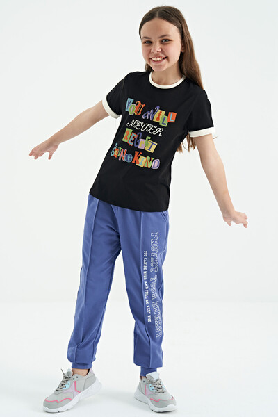 Tommylife Toptan Siyah Renkli Yazı Detaylı O Yaka Rahat Form Kız Çocuk T-Shirt - 75109 - Thumbnail