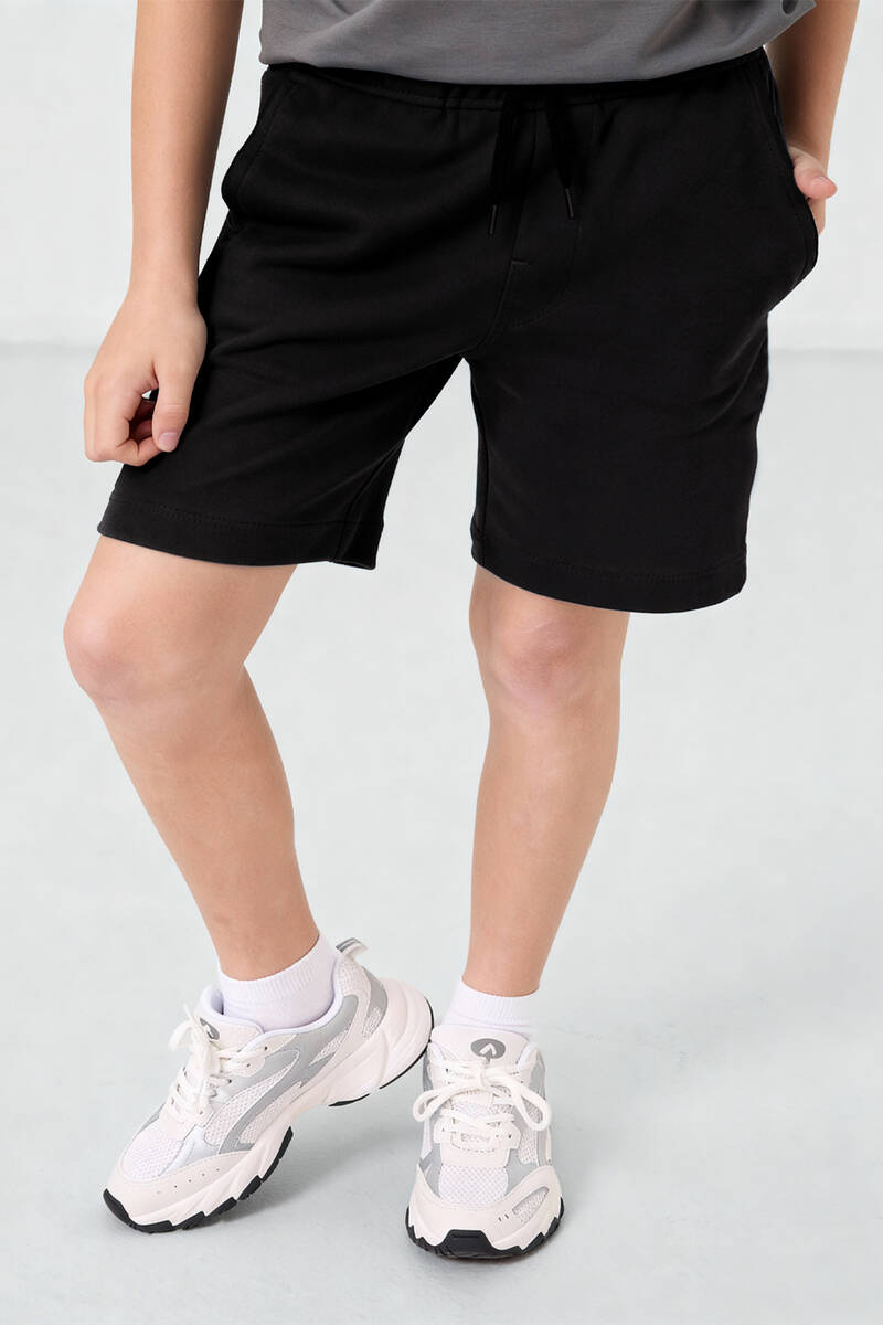 TOMMYLIFE - Tommlife Toptan Siyah Standart Fit Bağcıklı Erkek Çocuk Şort - 11284
