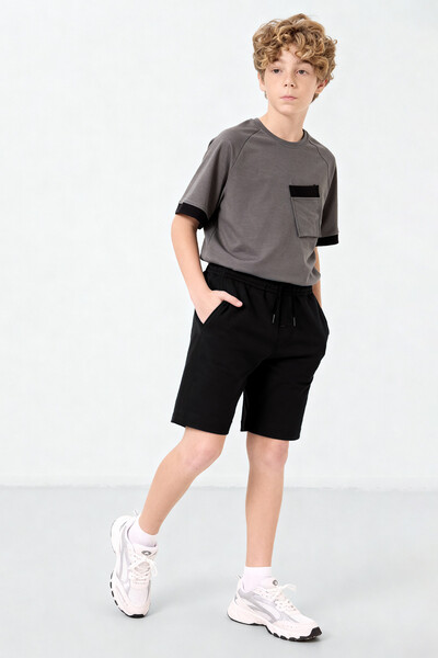 Tommlife Toptan Siyah Standart Fit Bağcıklı Erkek Çocuk Şort - 11284 - Thumbnail