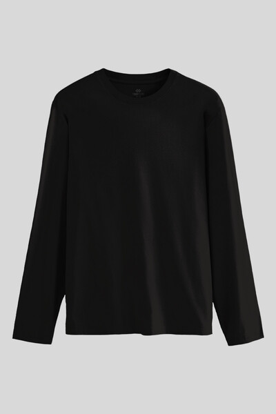 TOMMYLIFE - Tommylife Toptan Siyah Standart Fit Basic O Yaka Uzun Kollu İnce Erkek T-Shirt - 87997