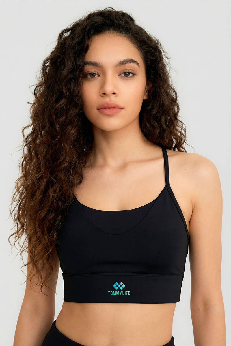 TOMMYLIFE - Tommylife Toptan Siyah Standart Fit Baskılı Sırt Detaylı Kadın Spor Büstiyer - 97300