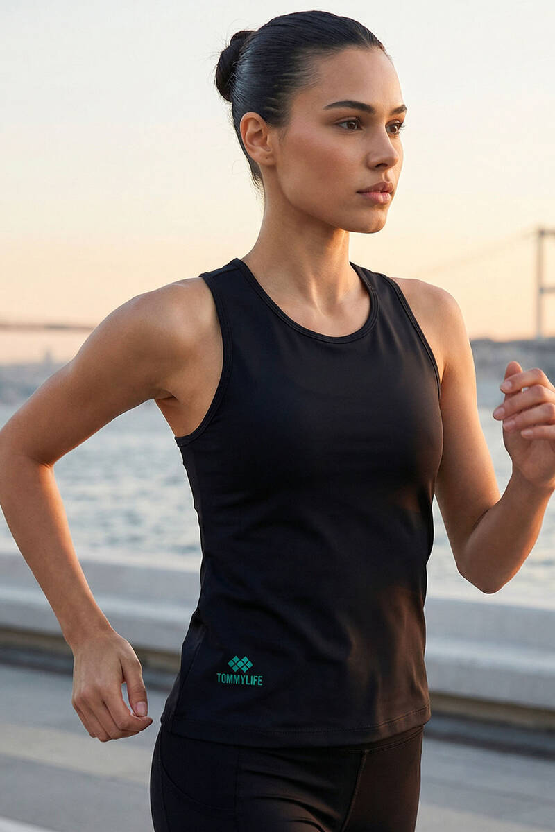 TOMMYLIFE - Tommylife Toptan Siyah Standart Fit Çapraz Sırt Detaylı Kadın Spor Atlet - 97296