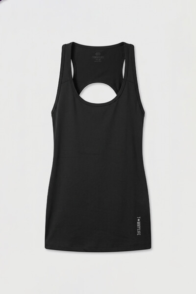 TOMMYLIFE - Tommylife Toptan Siyah Standart Fit Sırt Detaylı Performans Kadın Spor Atlet - 97297