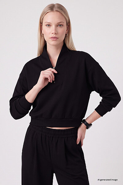 Tommylife Toptan Siyah Standart Kalıp Crop Geniş Paça Kadın Eşofman Takım - 95359 - 2