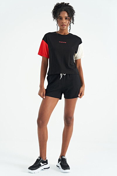 Tommylife Toptan Siyah Üç Renk Düşük Omuzlu Oversize Baskılı Crop Kadın T-Shirt - 02266 - Thumbnail