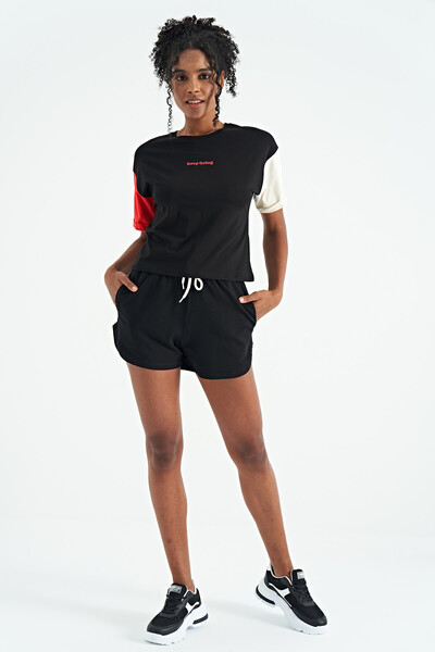 Tommylife Toptan Siyah Üç Renk Düşük Omuzlu Oversize Baskılı Crop Kadın T-Shirt - 02266 - Thumbnail