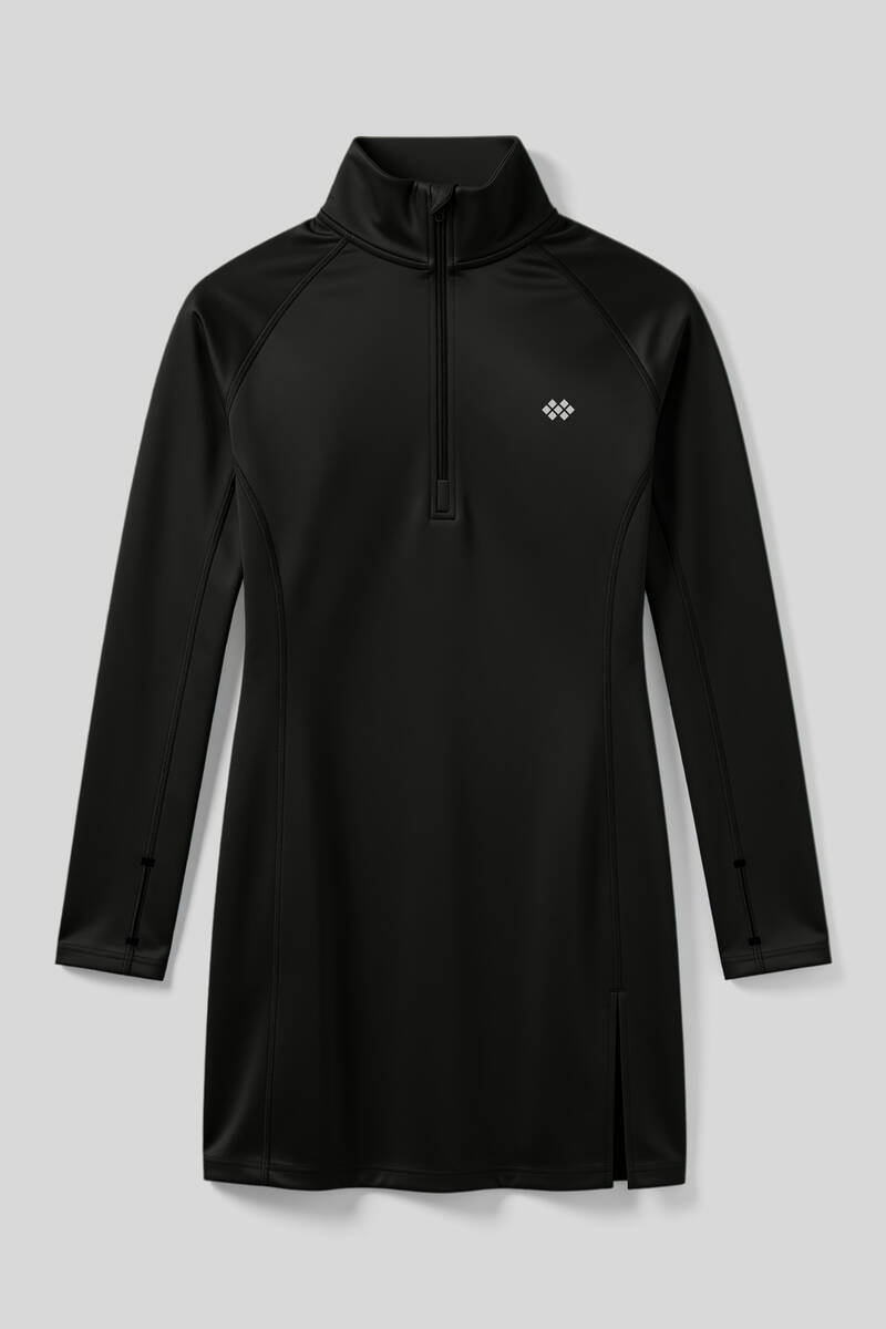 TOMMYLIFE - Tommlife Toptan Siyah Yarım Fermuarlı Dik Yaka Standart Fit Kadın Sporcu Tunik - 97309