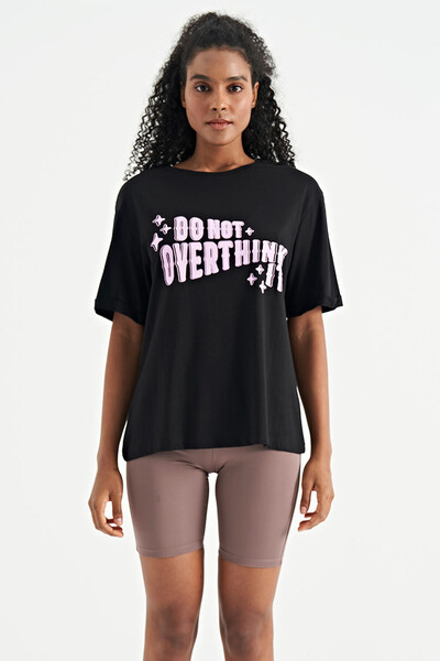 Tommylife Toptan Siyah Yazı Baskılı Düşük Omuzlu O Yaka Oversize Kadın T-Shirt - 02307 - Thumbnail