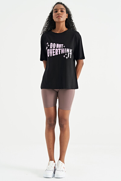 Tommylife Toptan Siyah Yazı Baskılı Düşük Omuzlu O Yaka Oversize Kadın T-Shirt - 02307 - Thumbnail