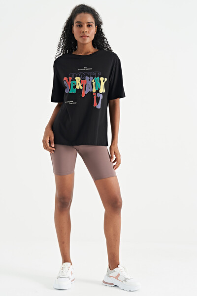 Tommylife Toptan Siyah Yazı Baskılı Düşük Omuzlu Oversize Basic Kadın T-Shirt - 02306 - Thumbnail