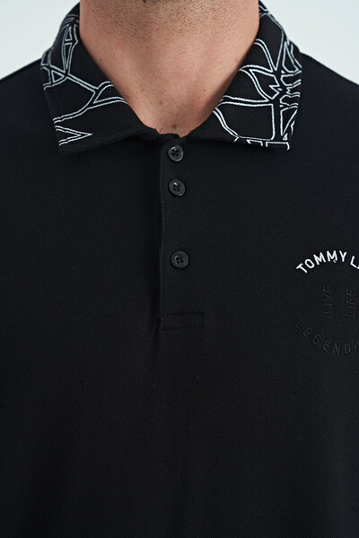 Tommylife Toptan Siyah Yazı Nakışlı Baskı Detaylı Standart Kalıp Polo Yaka Erkek T-Shirt - 88239 - Thumbnail