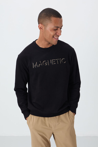Tommylife Toptan Siyah Yazı Nakışlı O Yaka Rahat Form Erkek Sweatshirt - 88020 - 3