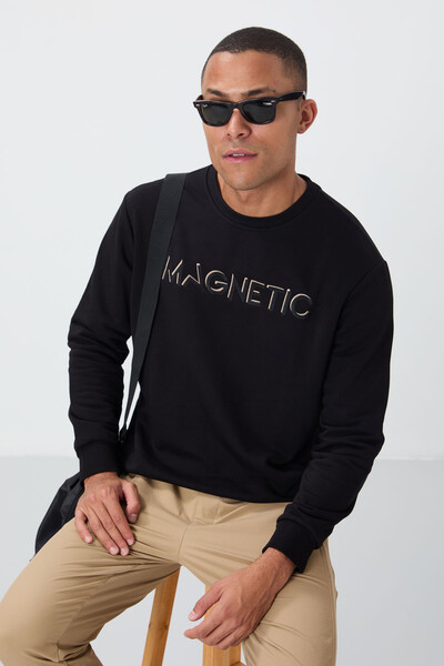 Tommylife Toptan Siyah Yazı Nakışlı O Yaka Rahat Form Erkek Sweatshirt - 88020 - 5