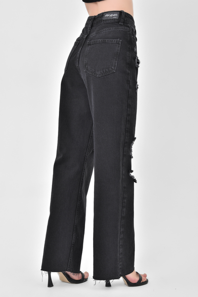 Tommylife Toptan Siyah Yırtık Klasik Paça Kadın Pantolon - 02039 - Thumbnail