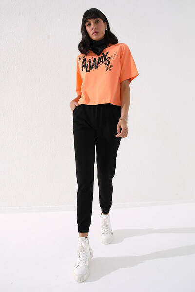 TOMMYLIFE - Tommylife Toptan Siyah Yüksek Bel Jogger Rahat Form Manşetli Kadın Eşofman Alt - 94561