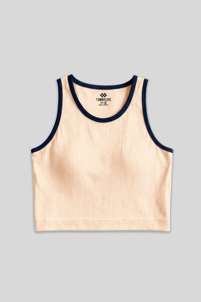 TOMMYLIFE - Tommylife Toptan Somon Kadın Basic Sıfır Kol Dar Kalıp U Yaka Crop Top - 97160