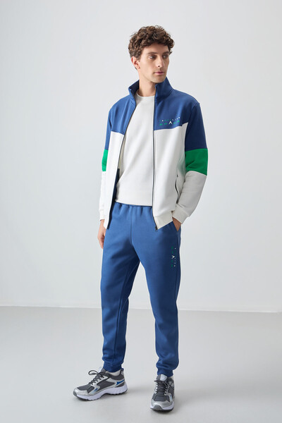 Tommylife Toptan Standart Kalıp Fermuarlı Sweat Erkek Eşofman Takım 85186 Ekru - İndigo