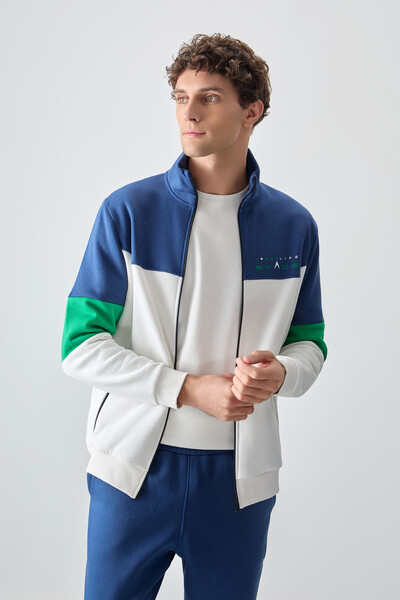 Tommylife Toptan Standart Kalıp Fermuarlı Sweat Erkek Eşofman Takım 85186 Ekru - İndigo - 2