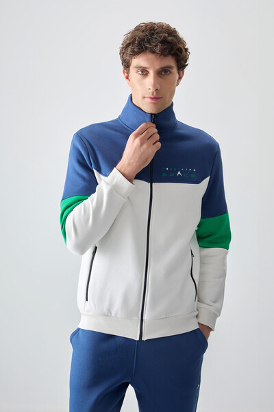 Tommylife Toptan Standart Kalıp Fermuarlı Sweat Erkek Eşofman Takım 85186 Ekru - İndigo - 3
