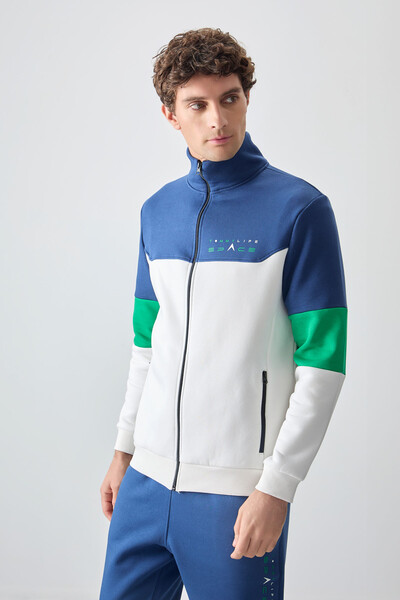 Tommylife Toptan Standart Kalıp Fermuarlı Sweat Erkek Eşofman Takım 85186 Ekru - İndigo - 4