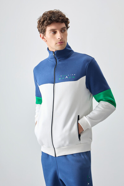 Tommylife Toptan Standart Kalıp Fermuarlı Sweat Erkek Eşofman Takım 85186 Ekru - İndigo - 5