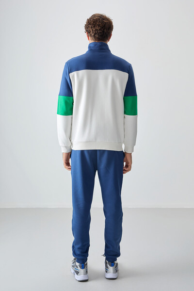 Tommylife Toptan Standart Kalıp Fermuarlı Sweat Erkek Eşofman Takım 85186 Ekru - İndigo - 7