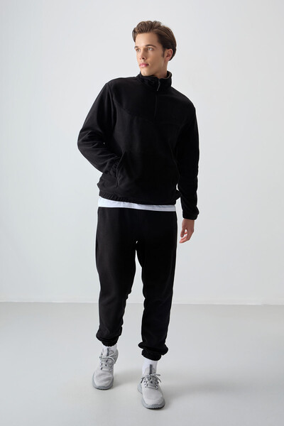 TOMMYLIFE - Tommylife Toptan Standart Kalıp Yarım Fermuar Polar Erkek Eşofman Takımı 85159 Siyah