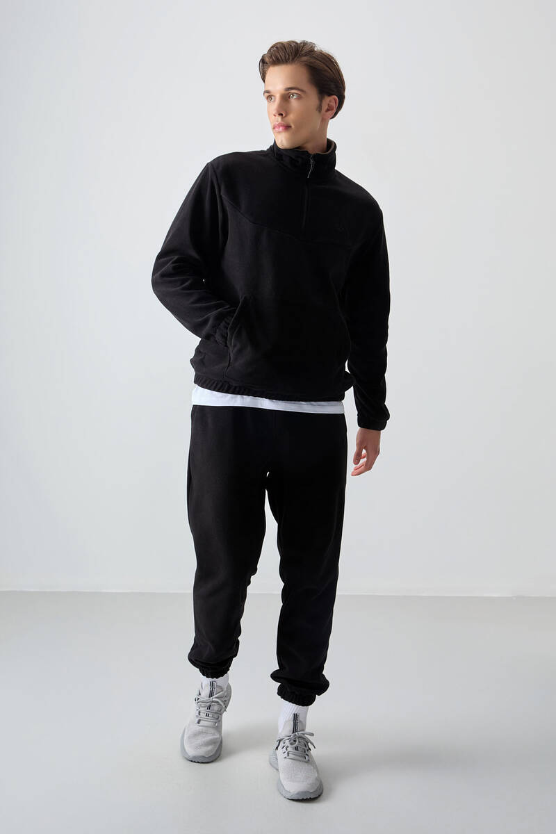 TOMMYLIFE - Tommylife Toptan Standart Kalıp Yarım Fermuar Polar Erkek Eşofman Takımı 85159 Siyah