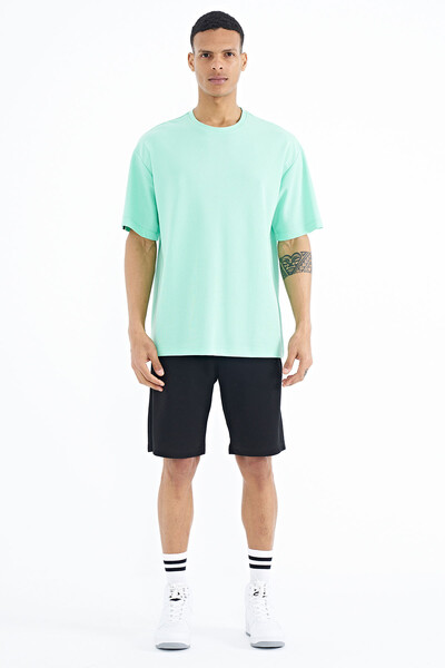 Tommylife Toptan Su Yeşili Kol Arma Detaylı Basic Oversize Erkek T-Shirt - 88193 - Thumbnail