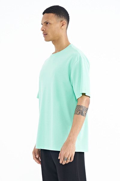 Tommylife Toptan Su Yeşili Kol Arma Detaylı Basic Oversize Erkek T-Shirt - 88193 - Thumbnail