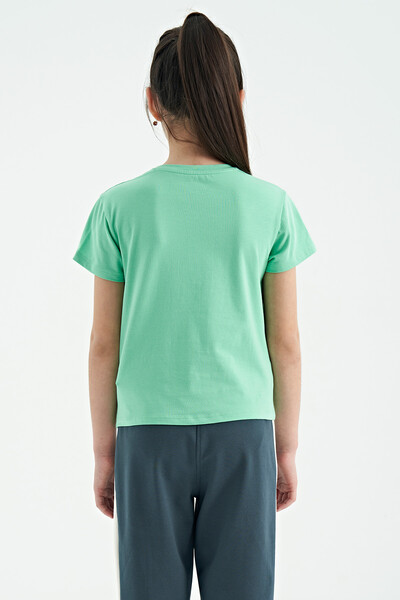 Tommylife Toptan Su Yeşili O Yaka Yazı Baskılı Rahat Form Kısa Kollu Cropped Kız Çocuk T-Shirt - 75118 - Thumbnail