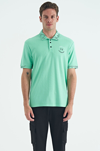 Tommylife Toptan Su Yeşili Yazı Nakışlı Baskı Detaylı Standart Kalıp Polo Yaka Erkek T-Shirt - 88239 - Thumbnail