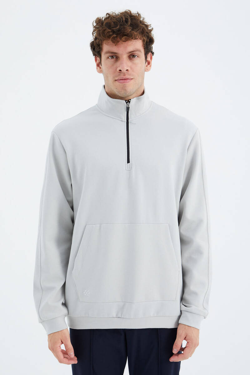 TOMMYLIFE - Tommylife Toptan Taş Dik Yaka Yarım Fermuarlı Cep Detaylı Erkek Sweatshirt - 88278