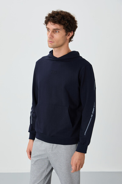 Tommylife Toptan Ulrich Kapüşonlu Rahat Kalıp Basic Erkek Sweatshirt 88311 İndigo - Thumbnail