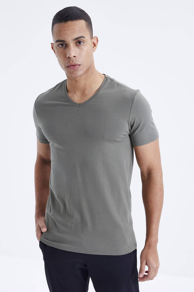 TOMMYLIFE - Tommylife Toptan V Yaka Standart Kalıp Basic Erkek T-Shirt 87912 Çağla