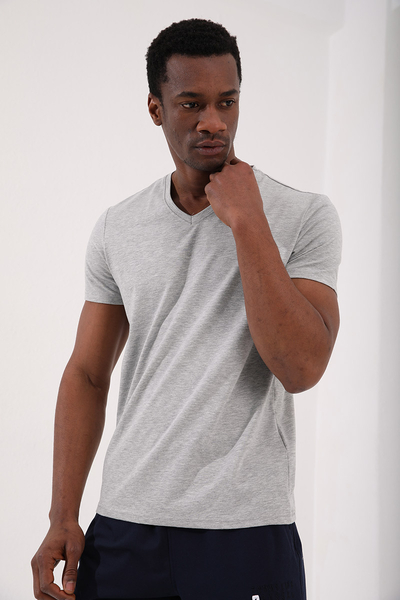 Tommylife Toptan V Yaka Standart Kalıp Basic Erkek T-Shirt 87912 Gri Melanj - Thumbnail