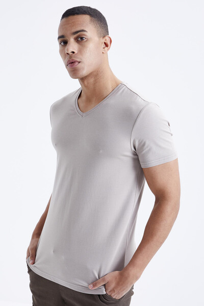 Tommylife Toptan V Yaka Standart Kalıp Basic Erkek T-Shirt 87912 Koyu Bej - Thumbnail