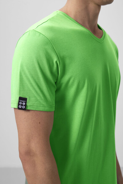 Tommylife Toptan V Yaka Standart Kalıp Basic Erkek T-Shirt 87912 Neon Yeşil - Thumbnail