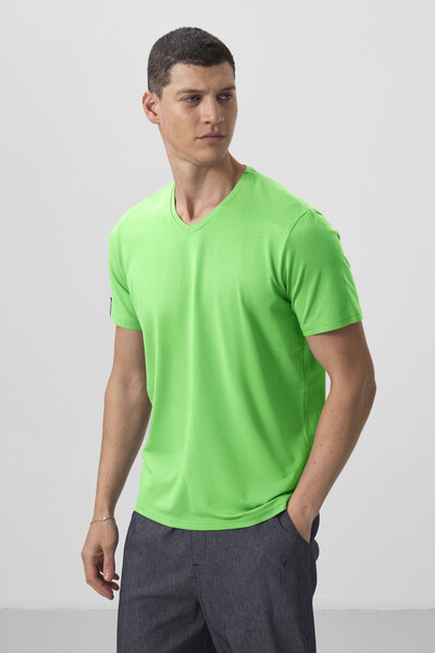 Tommylife Toptan V Yaka Standart Kalıp Basic Erkek T-Shirt 87912 Neon Yeşil - Thumbnail