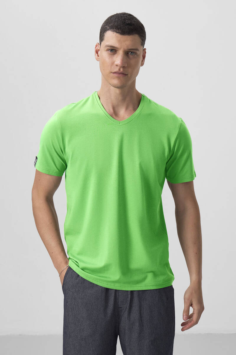 TOMMYLIFE - Tommylife Toptan V Yaka Standart Kalıp Basic Erkek T-Shirt 87912 Neon Yeşil