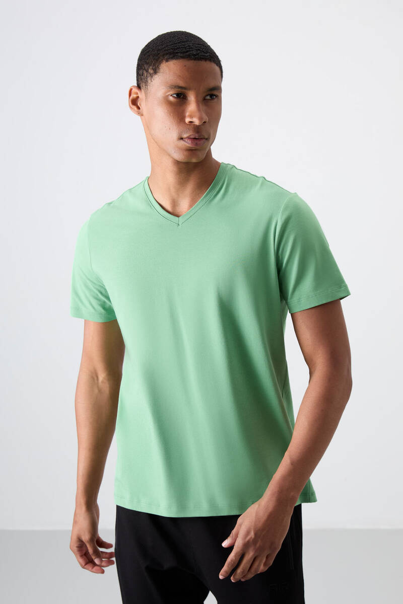 TOMMYLIFE - Tommylife Toptan V Yaka Standart Kalıp Basic Erkek T-Shirt 87912 Pastel Yeşil