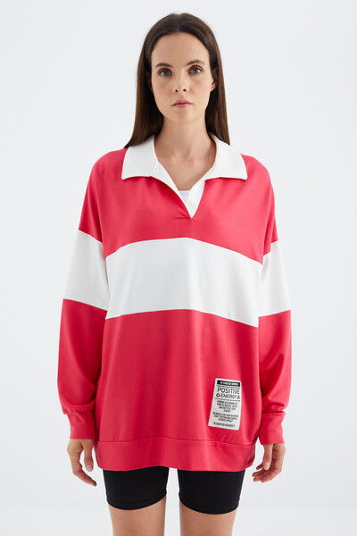 Tommylife Toptan Viva Kırmızı Polo Yaka Renk Bloklu Oversize Kadın Sweatshirt - 02377 - Thumbnail