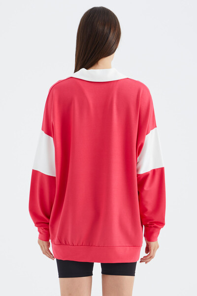 Tommylife Toptan Viva Kırmızı Polo Yaka Renk Bloklu Oversize Kadın Sweatshirt - 02377 - Thumbnail
