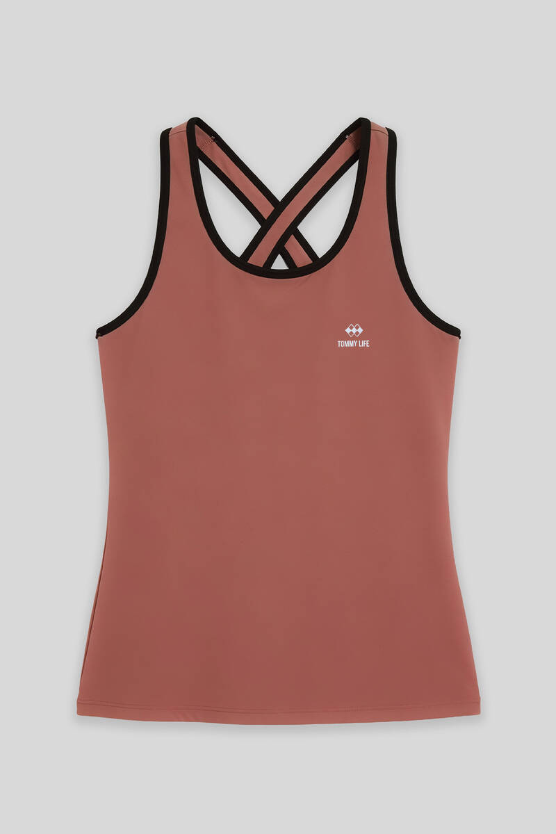 TOMMYLIFE - Tommylife Toptan Yaban Gülü Kadın Çapraz Askılı Kolsuz Standart Kalıp Spor Atlet - 97094