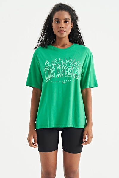 Tommylife Toptan Yeşil Baskı Detaylı Oversize O Yaka Basic Kadın T-Shirt - 02181 - Thumbnail