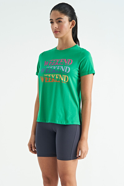 Tommylife Toptan Yeşil Renkli Yazı Baskılı Rahat Form Kadın Basic T-Shirt - 02241 - Thumbnail