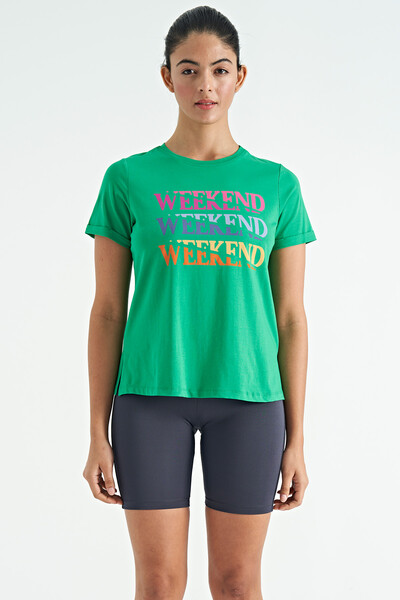 Tommylife Toptan Yeşil Renkli Yazı Baskılı Rahat Form Kadın Basic T-Shirt - 02241 - Thumbnail